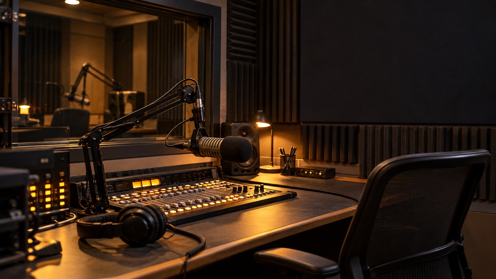 A radio studio microphone and mixing desk